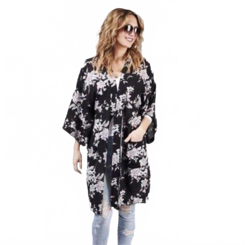 Spiritual Gangster Black‎ Floral Tie Kimono New
